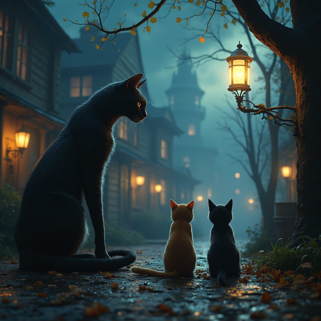 Whimsical Cats in a Haunting Volumetric Landscape