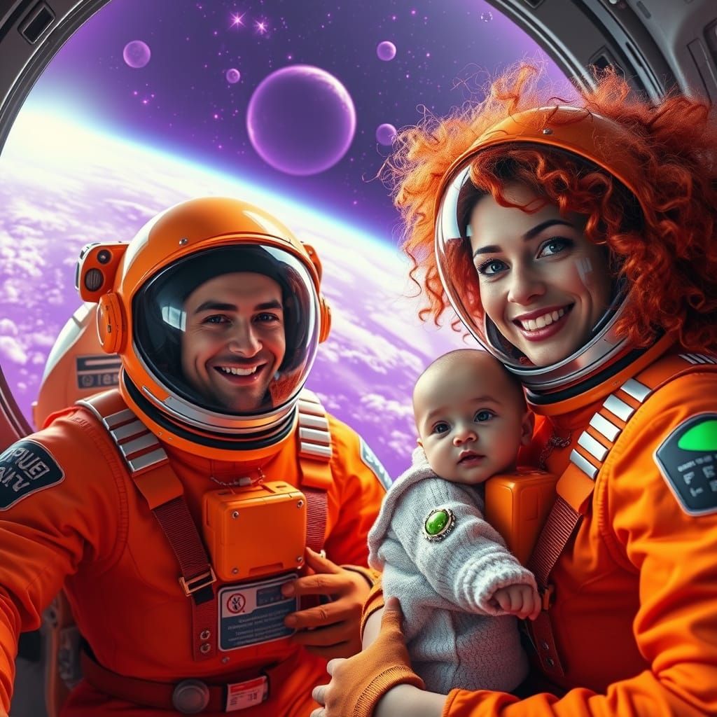 Space Explorers in Vibrant Orange Suits Amidst a Purple Haze...