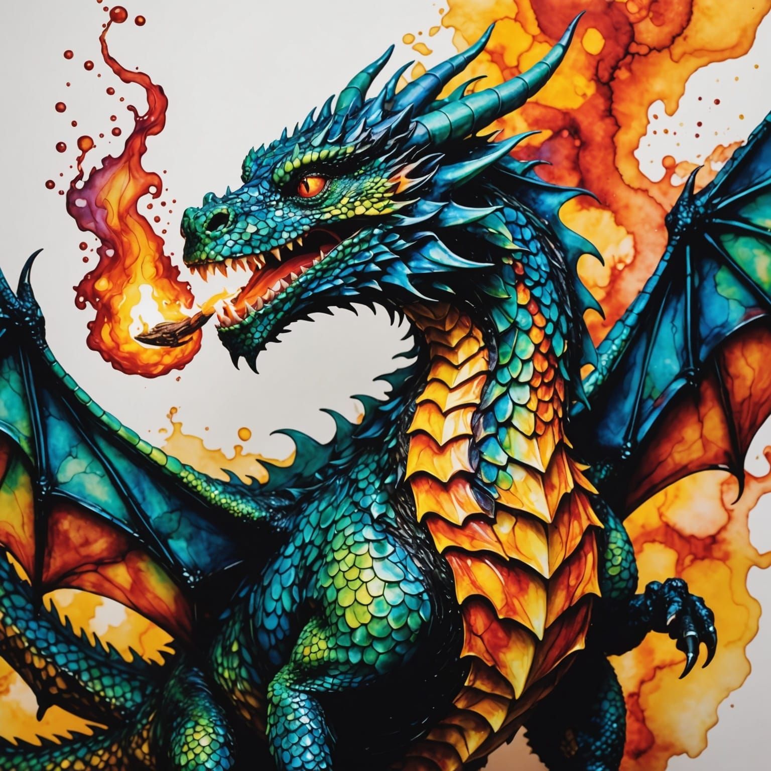 Dragon About to Breathe Fire in Alcohol Ink Style