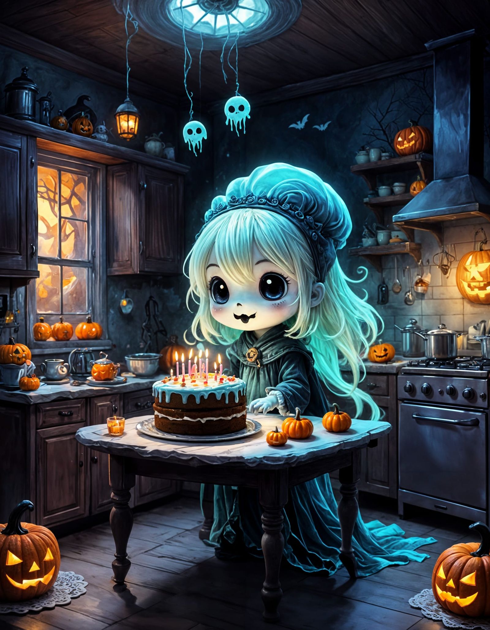 Adorable Chibi Banshee Ghost Baking Birthday Cake