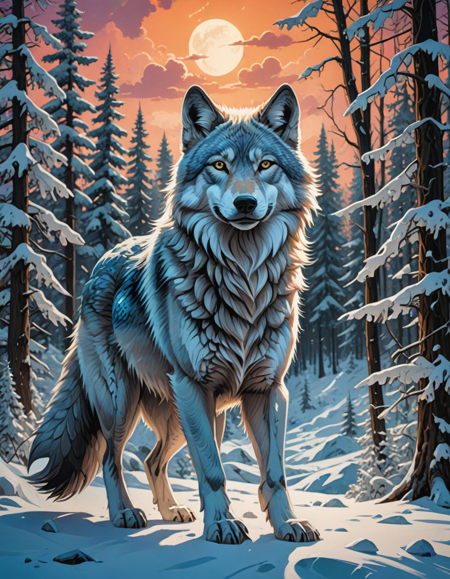 Frigid Spirit Wolf in Tundra Forest, Intricate White Fox, Ce...