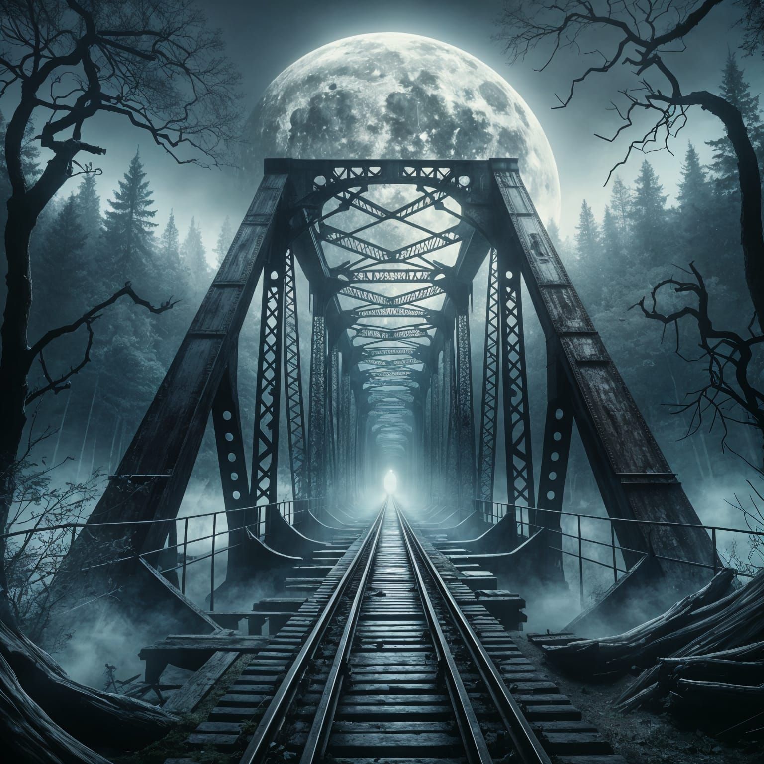 Abandoned Railroad Bridge in Moonlit Misty Forest