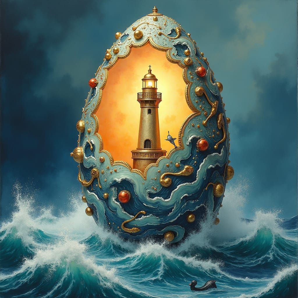 Lighthouse Fabergé Egg in Mixed Media and Watercolor