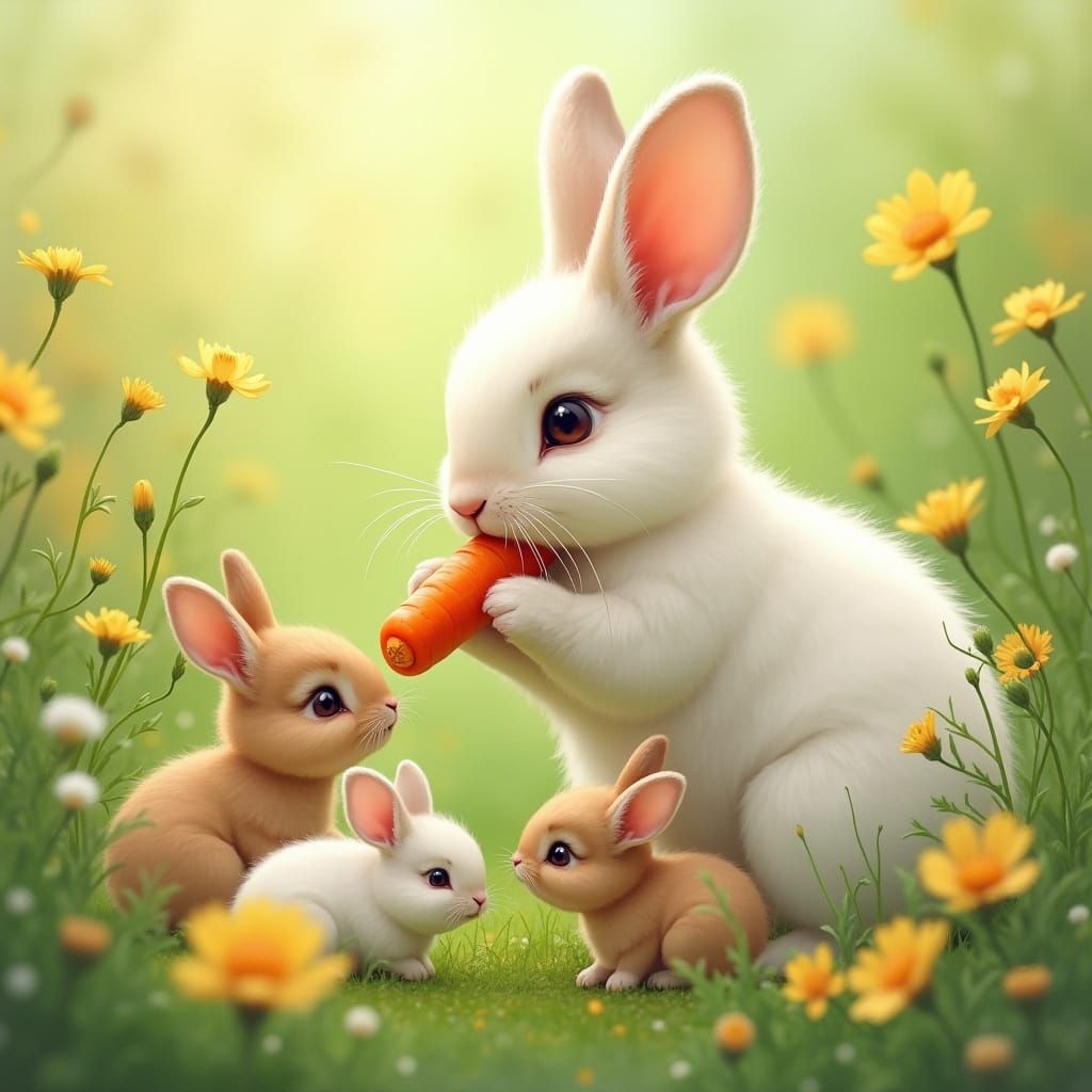 Whimsical Rabbit Family in a Lush Green Meadow
