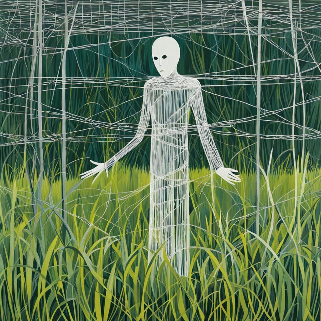 Transparent Barbed Wire Figure in Abandoned Brutalist Landsc...