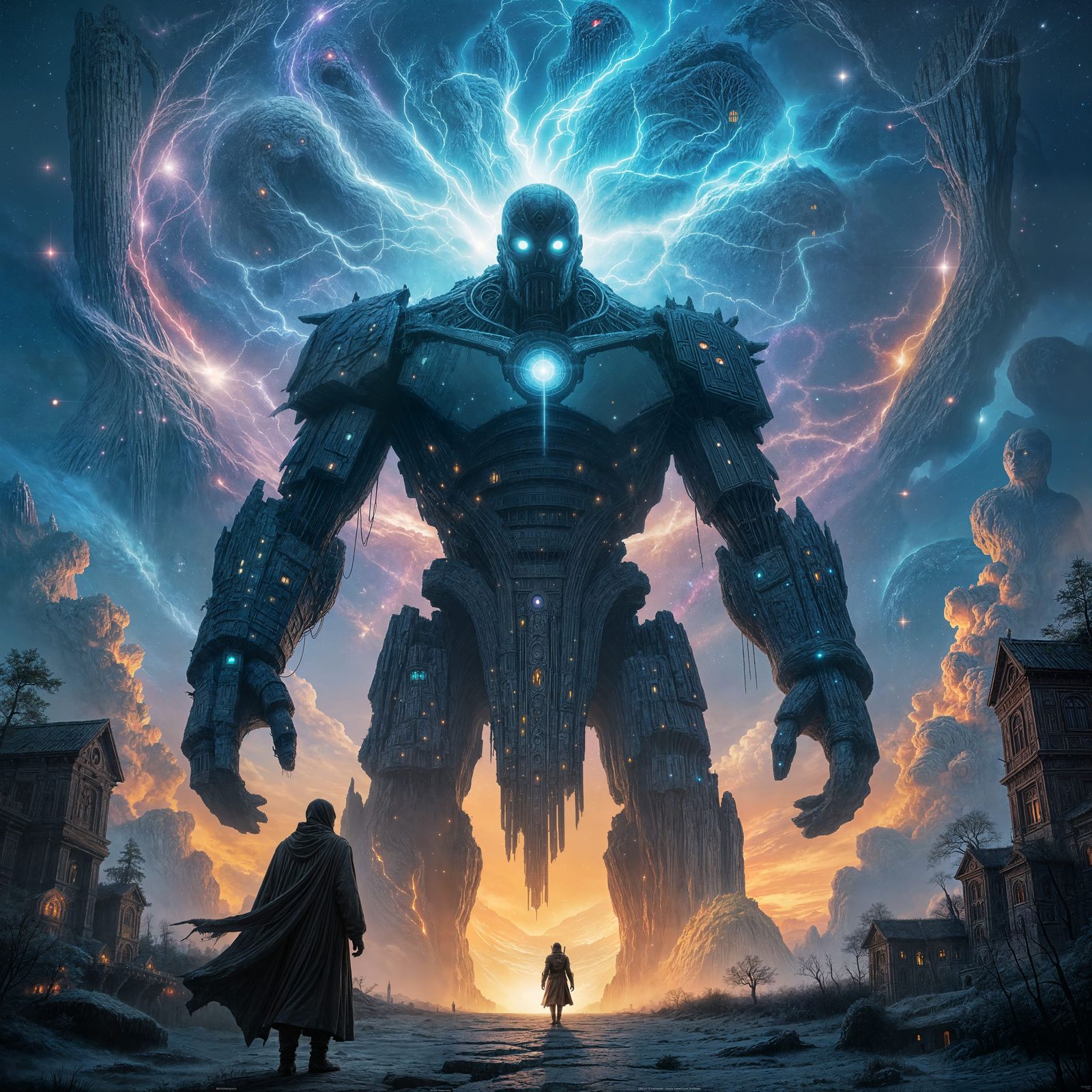 Stardust Golem Guards Digital Treehouse: Cyberpunk Cosmic Ho...