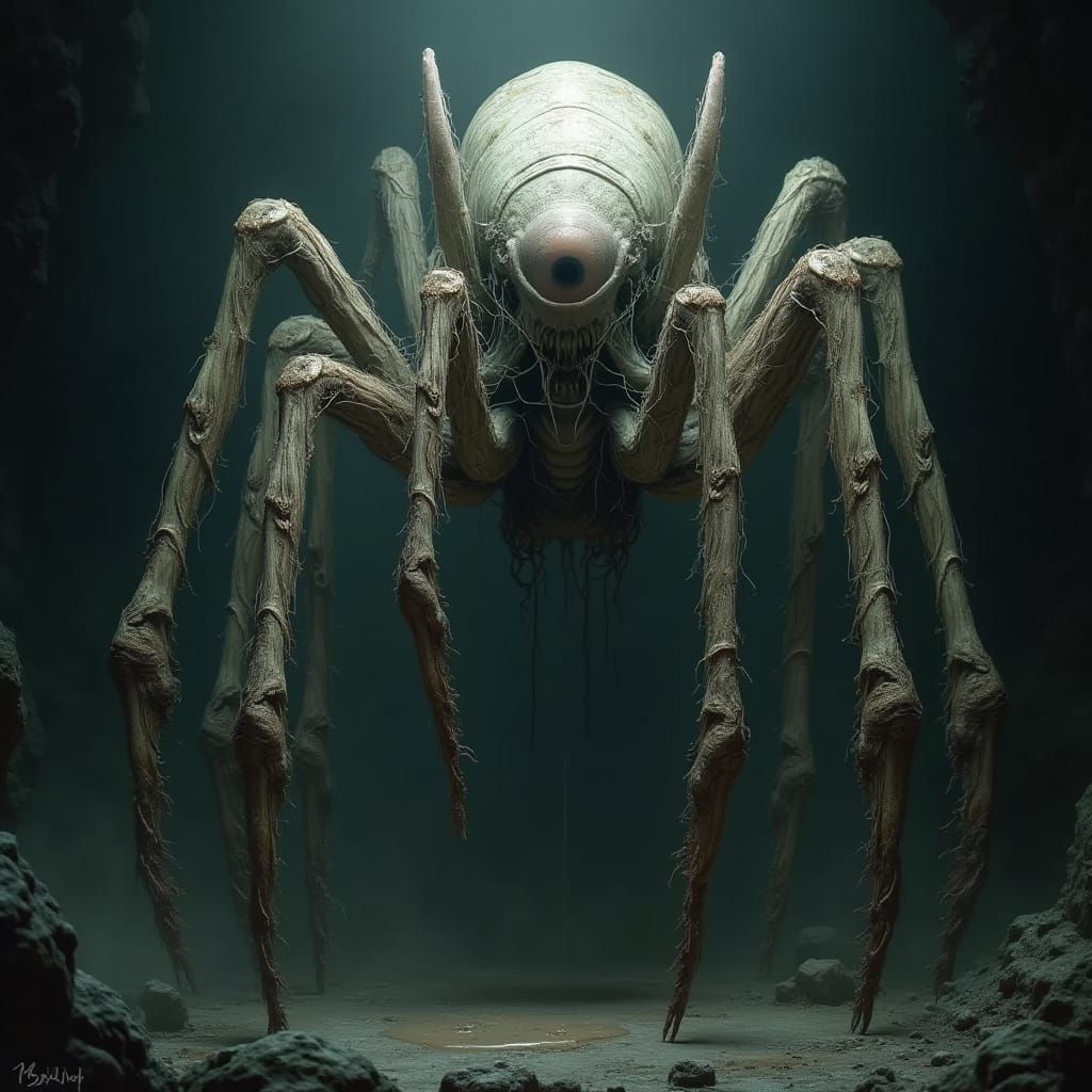 Terrifying Arachnid Hybrid in Dark Cavern
