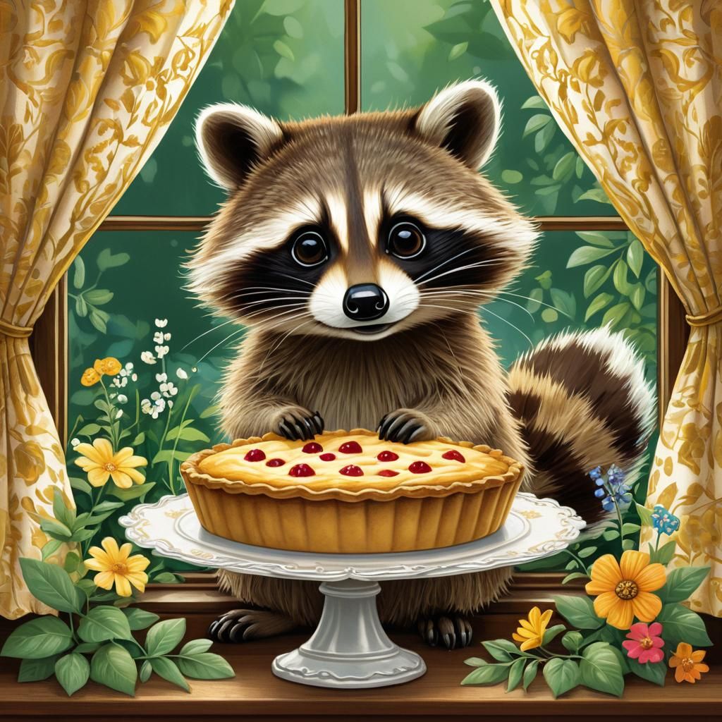 Mischievous Raccoon and Pie, Children's Book Illustration