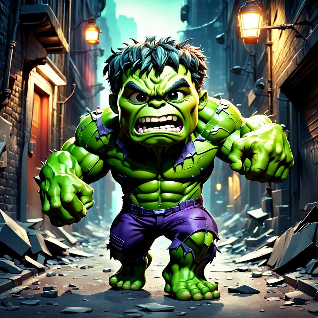 Pixar-Style Chibi Hulk in Dark City Alley