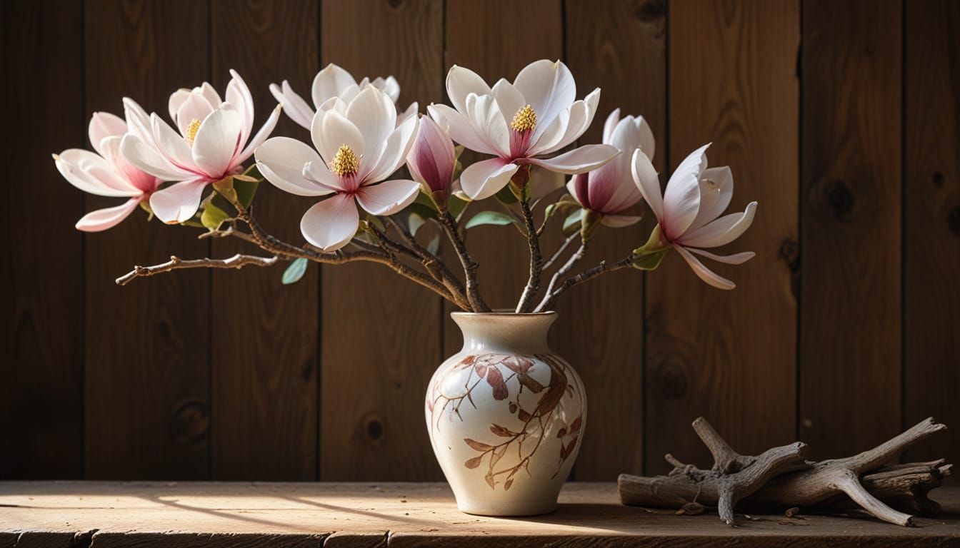 Magnolia Blossoms in Ceramic Vase Oil Painting