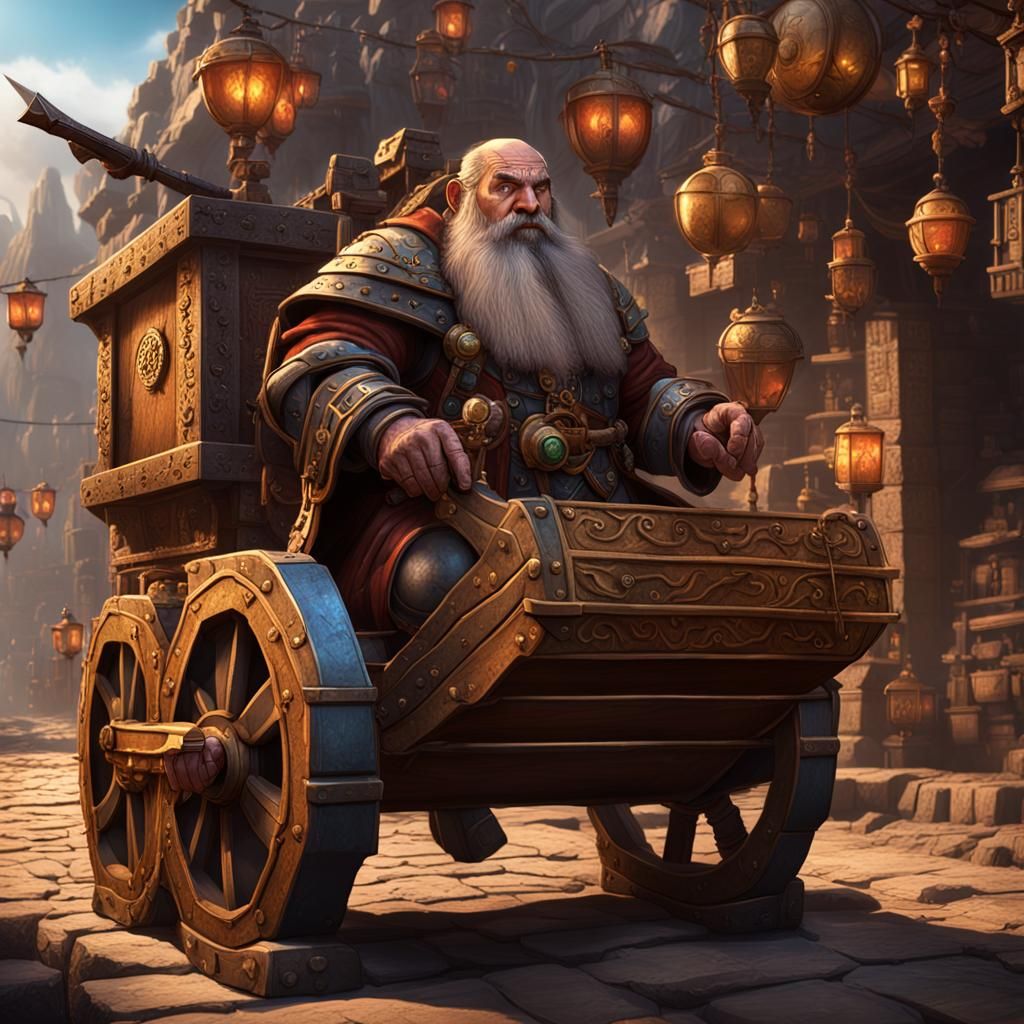 Detailed Dwarven Artificer Merchant Cart in Fantasy Art