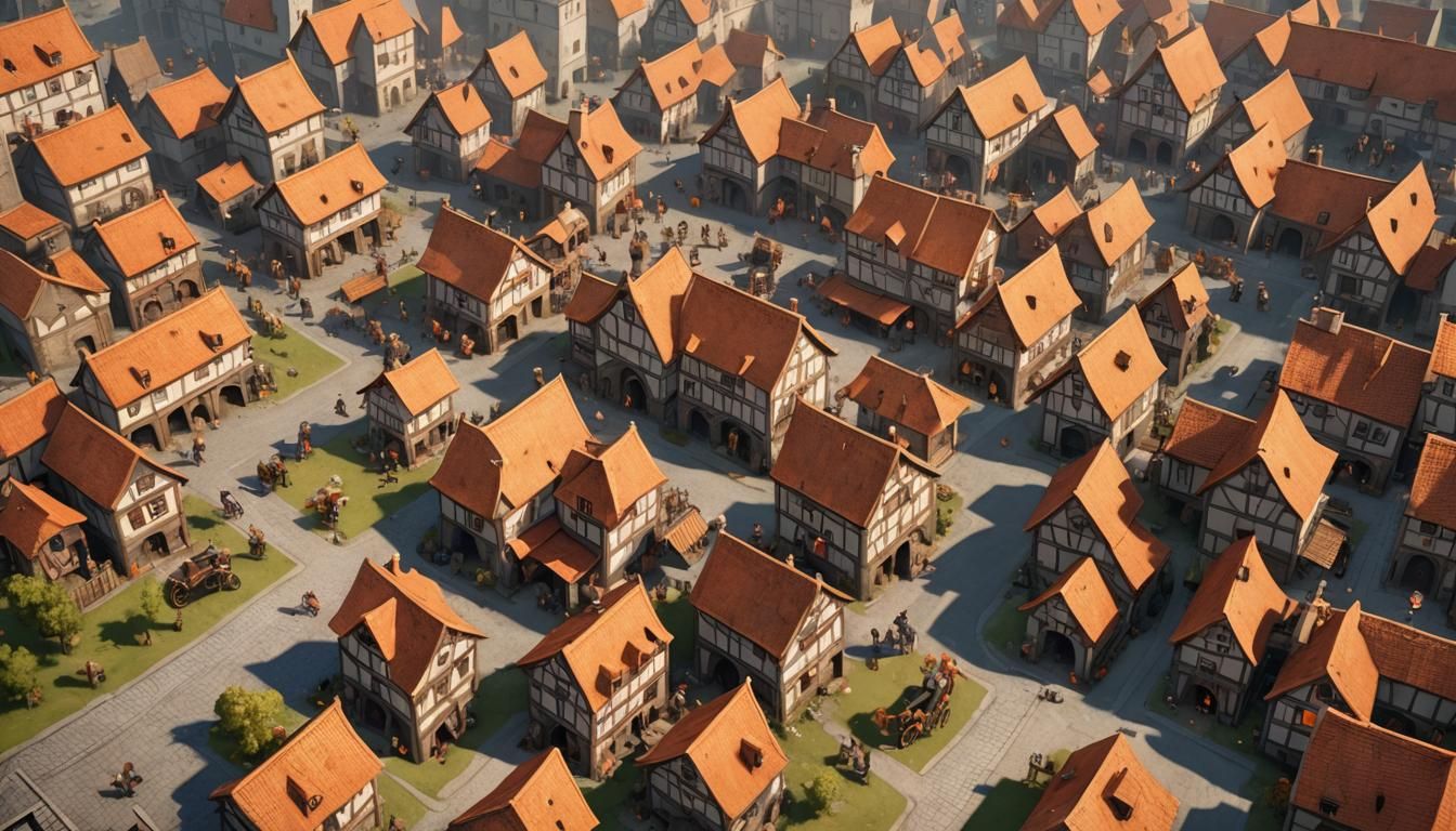 Medieval Village Scene in RTS Game Style