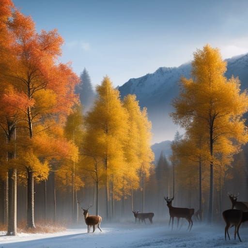 Deer and Birds in Autumn-Winter Landscape