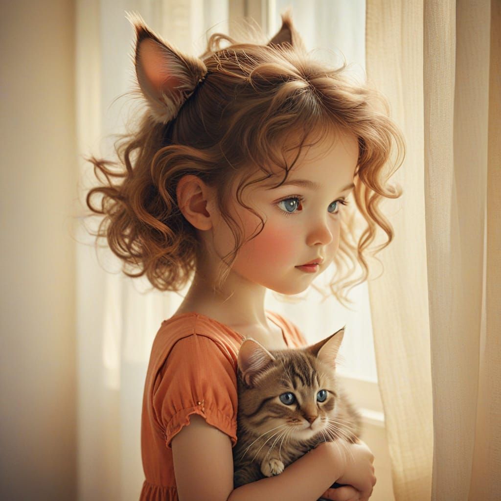 Whimsical Toddler Girl with Cat in a Sunlit Room