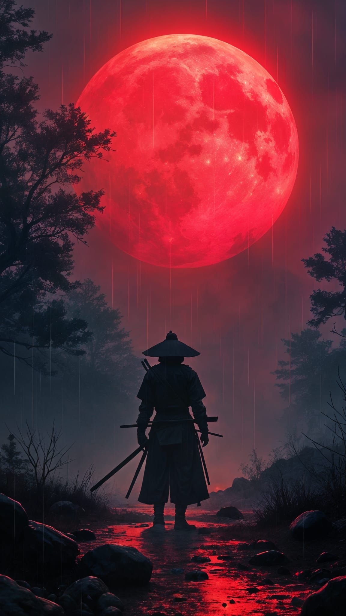 Cyber Samurai Under Neon Red Moonlight