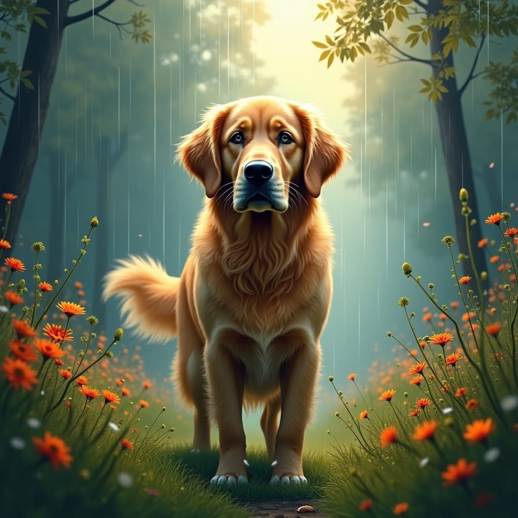 Golden Retriever in Rainy Park: Mystical Realism