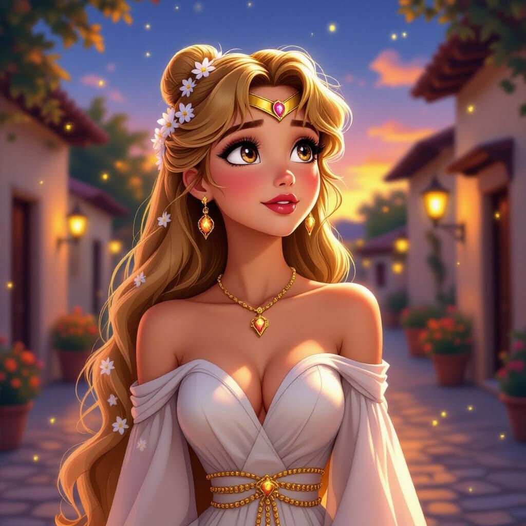 Magical Princess in Mexican Village at Dusk