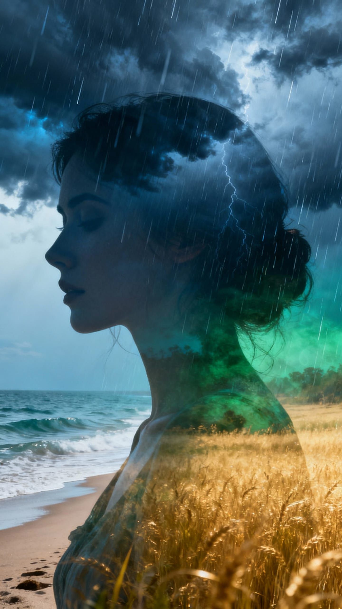 Surreal Double Exposure: Love, Storms, and Serene Beaches