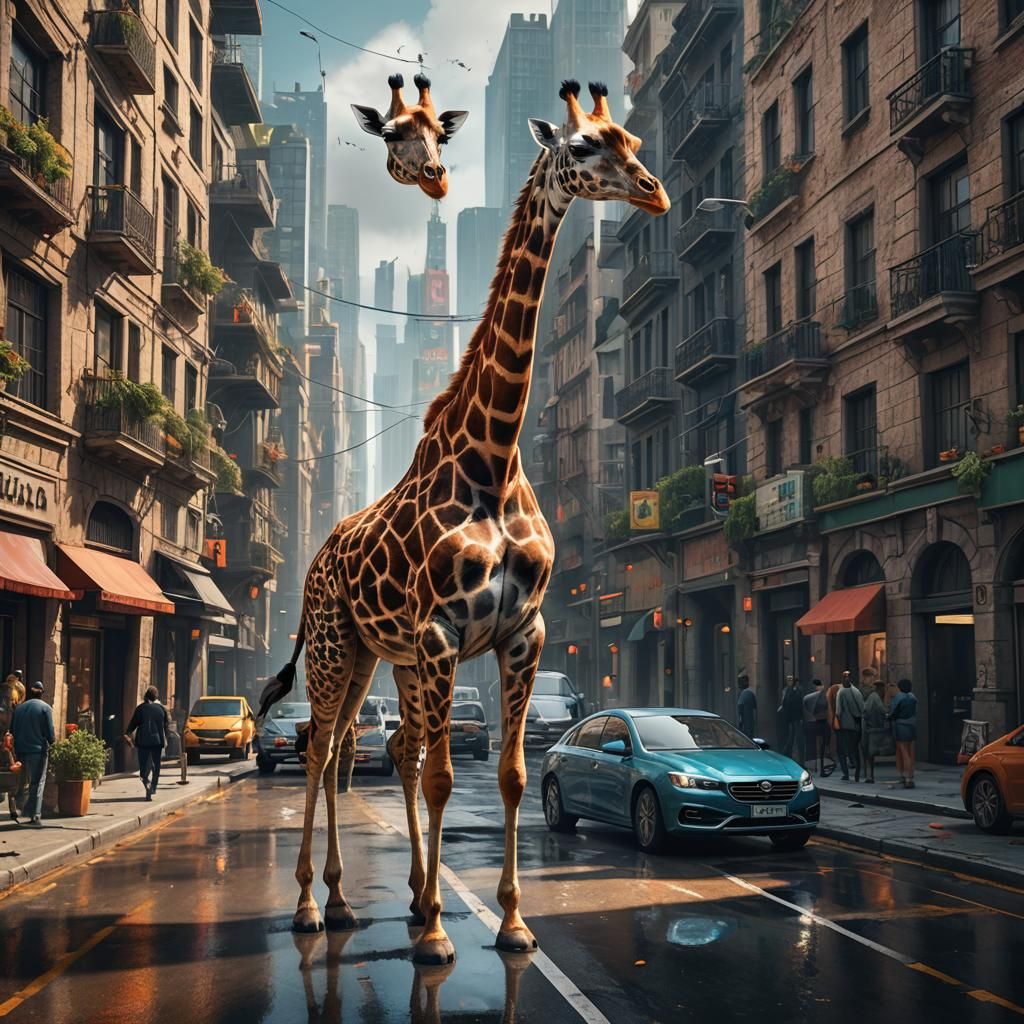 Giraffe in the City: Detailed Matte Painting