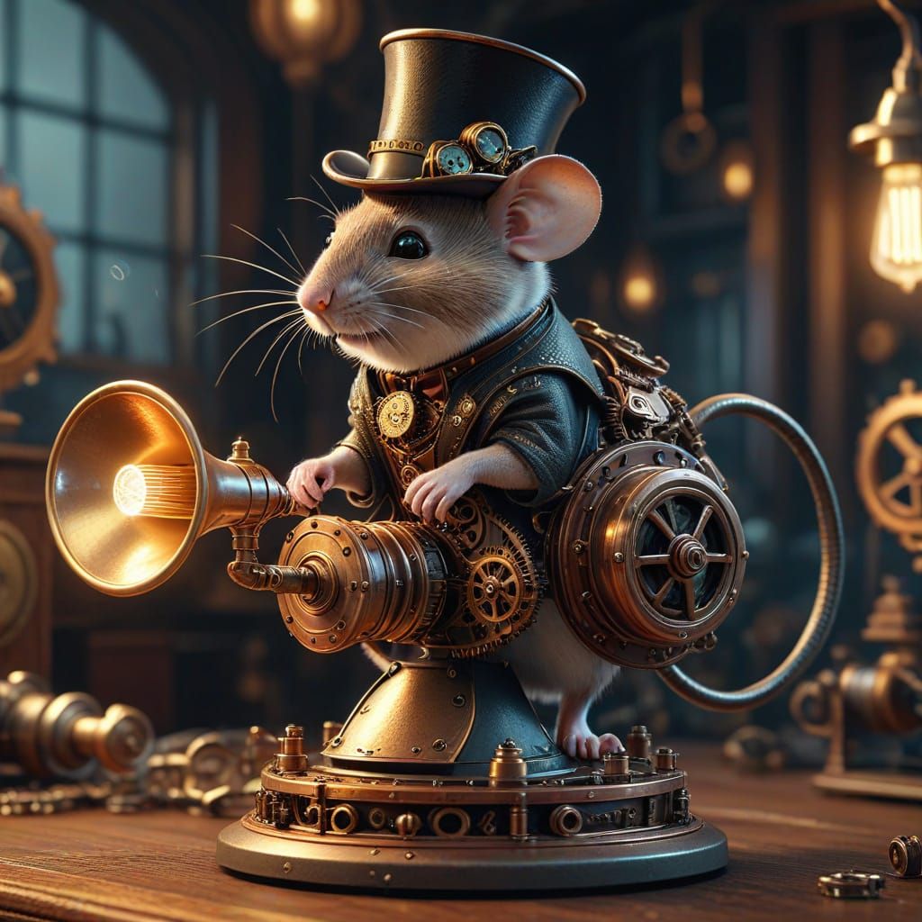 Steampunk Clockwork Mouse Repairs Gramophone