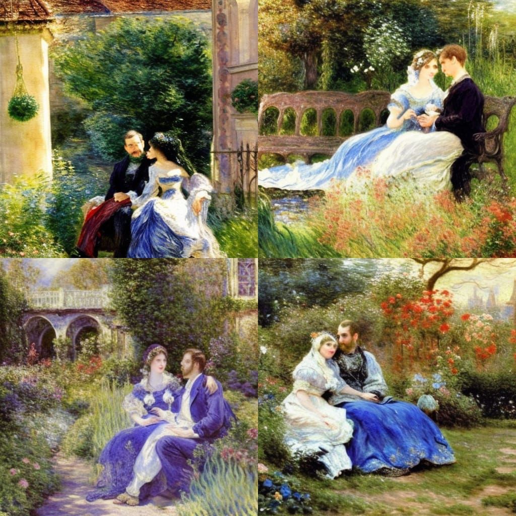 Fantasy Couple in Sunlit Garden, Watercolor Style