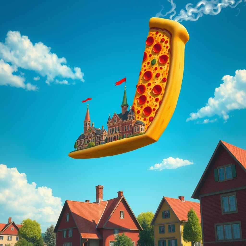 Whimsical Flying School Supported by Pizza, Surreal Art