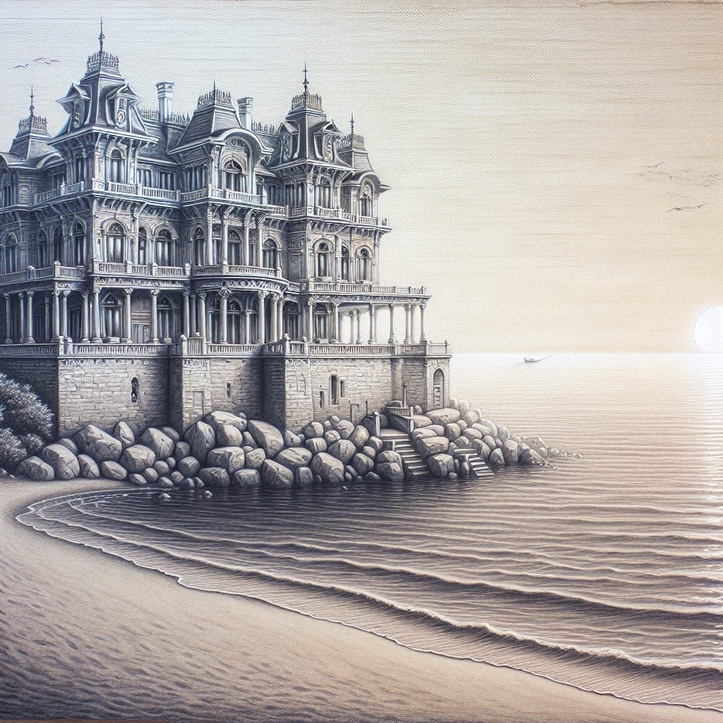 Detailed Pencil Sketch of Beachfront Mansion