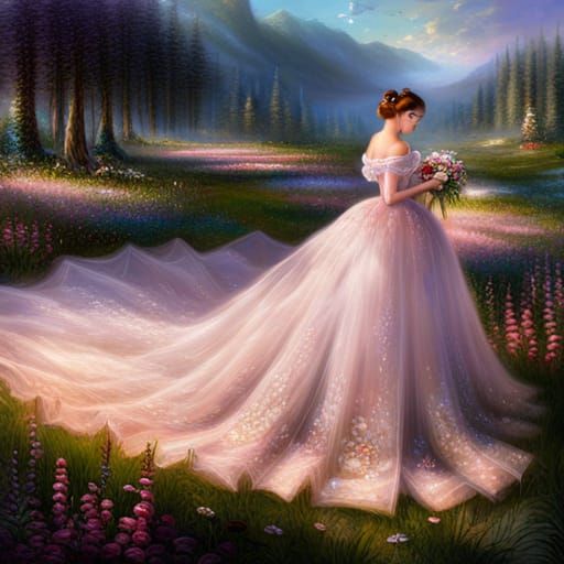 Ethereal Girl in Wedding Gown Over Meadow
