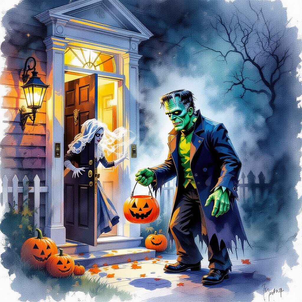 Frankenstein Greets Trick-or-Treaters at Haunted House