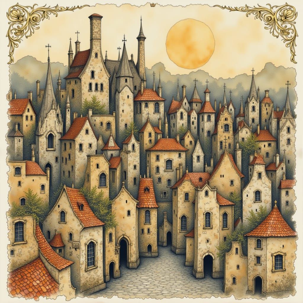 Medieval City in Vintage Watercolor Style