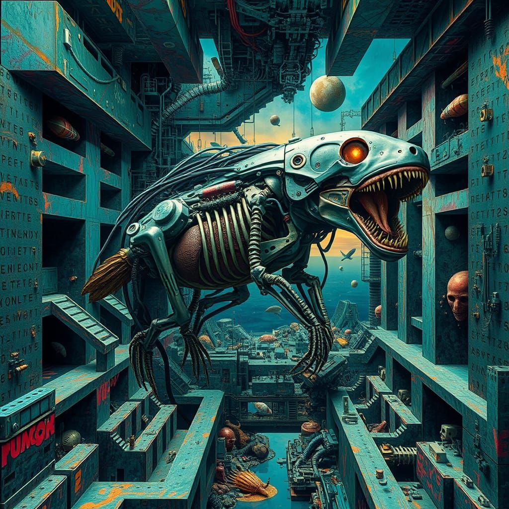 Biomechanical Surrealist Monstrosity in a Dadaist Maze