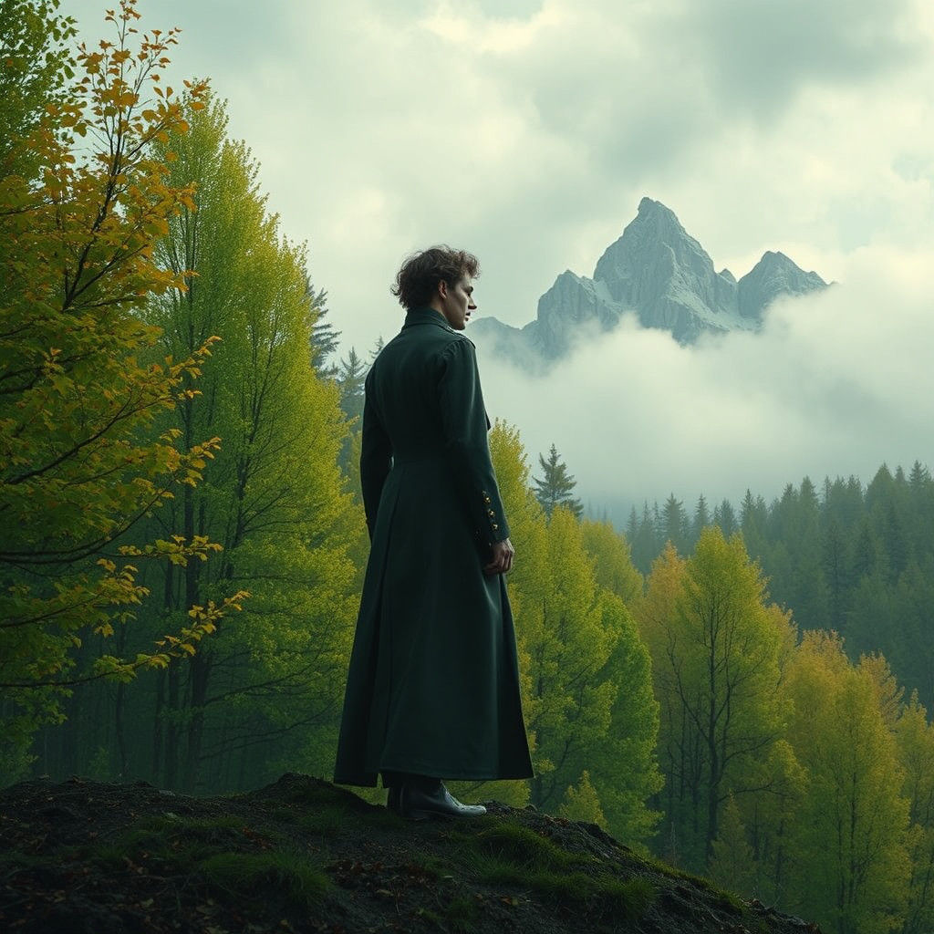 Melancholic Figure in Emerald Forest, Photorealistic Style