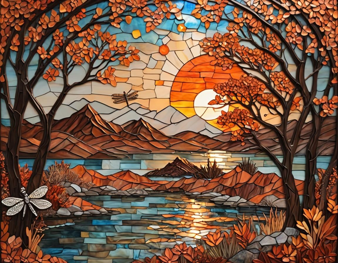 Bronze Sunset: Stained Glass Mosaic Lake and Mountains
