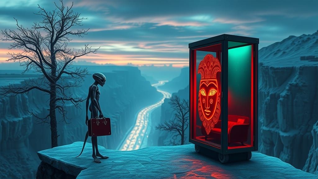 Alien at Icy Bus Stop in Surrealist Style