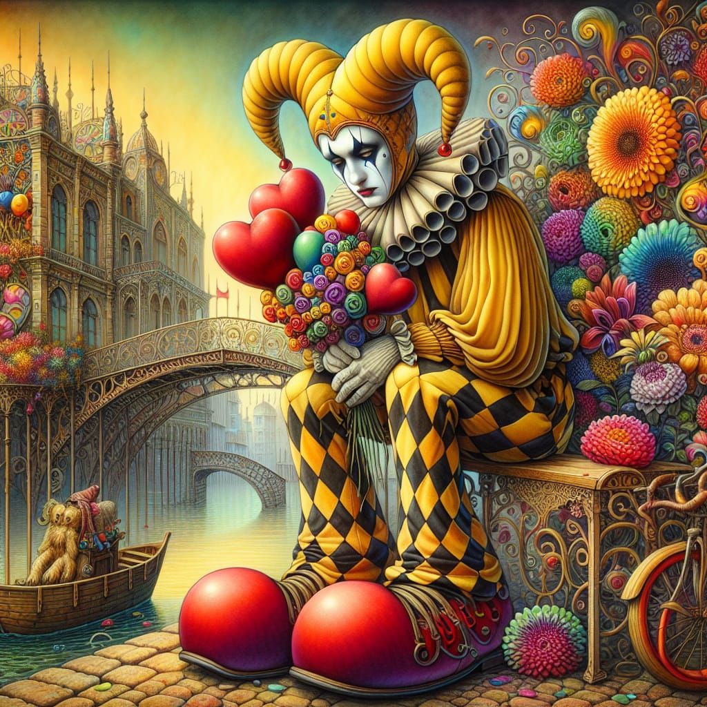 Melancholic Jester with Balloons in Crystal-Deliquescent Sty...