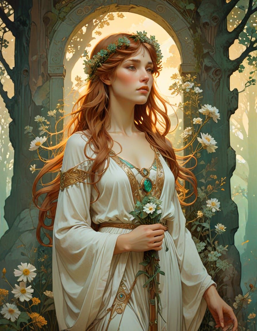 Serene Druid Before Ancient Menhir in Art Nouveau Style