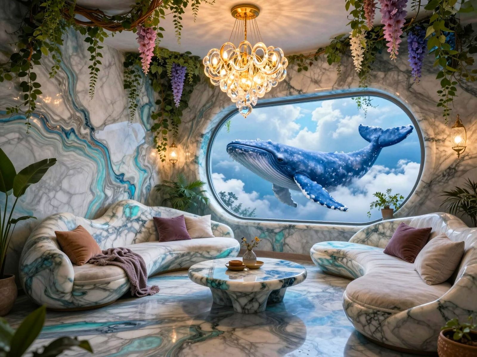Surreal Living Room with Marble and Whale in Clouds