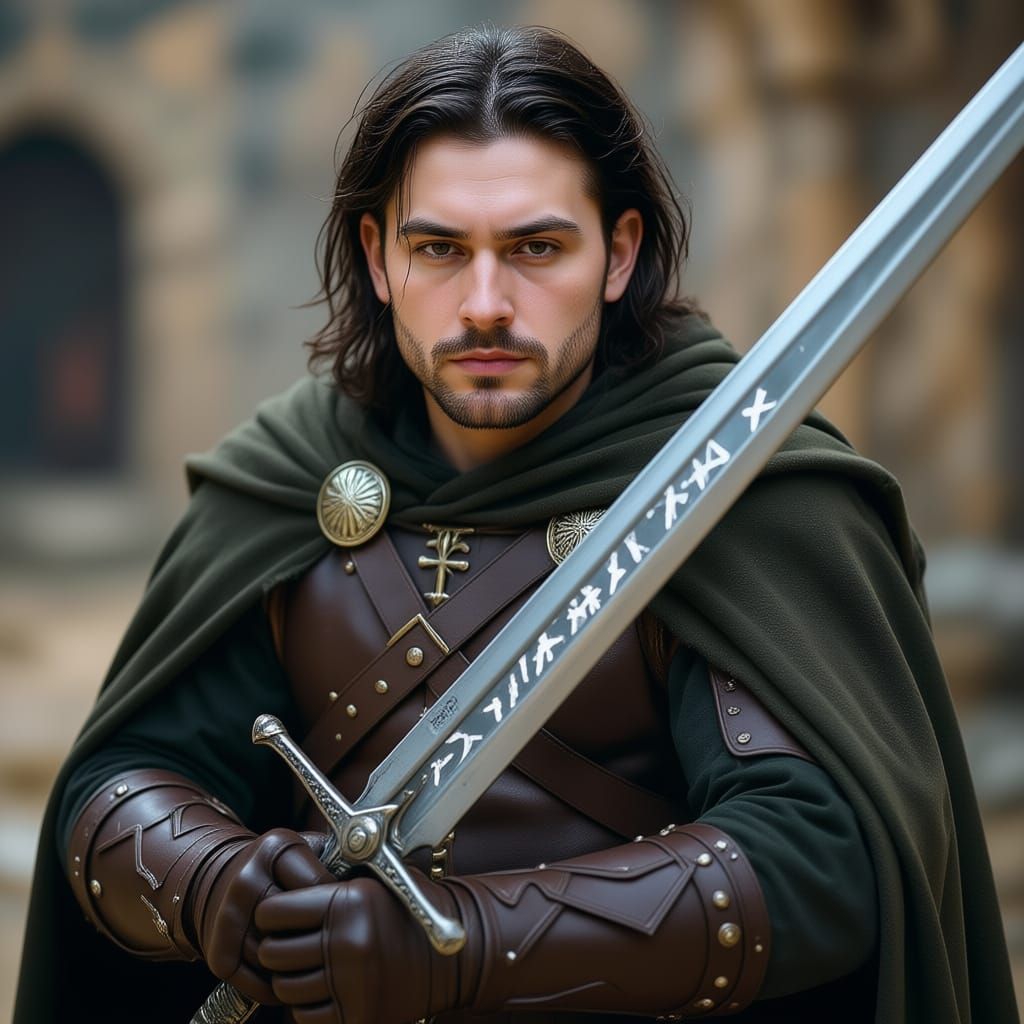 Adventurer with Glowing Sword in Cinematic Film Still