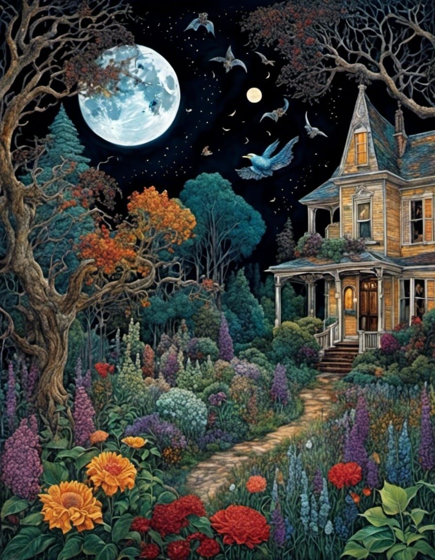 Moonlit House and Garden of Dreams: Oil on Canvas