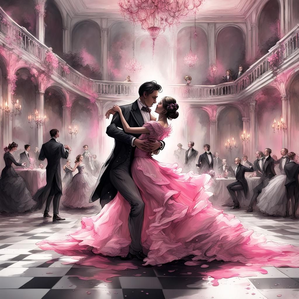 Victorian Couple Dancing: Hyperdetailed Ink Splash Art