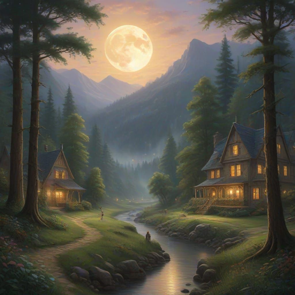 Children Play in Ethereal Valley Under Luminous Full Moon