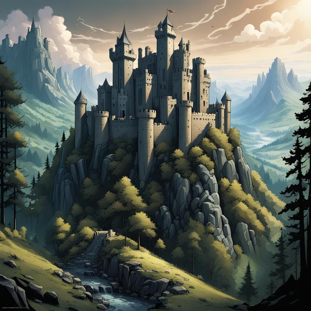 Modern Castle on Plateau in Comic Book Art Style