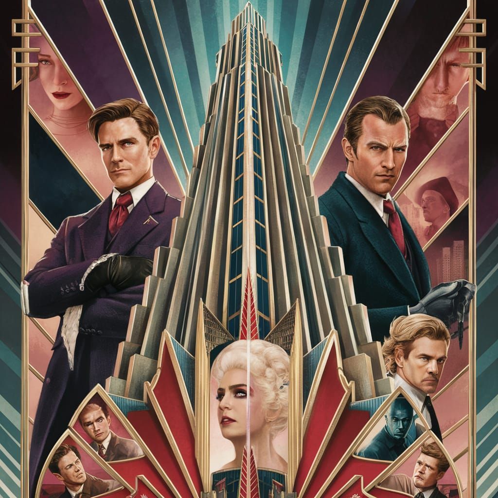 A vibrant, Art Deco-inspired movie poster for a movie titled 'Ayn Rand's The Fountainhead.' The central part of the post...