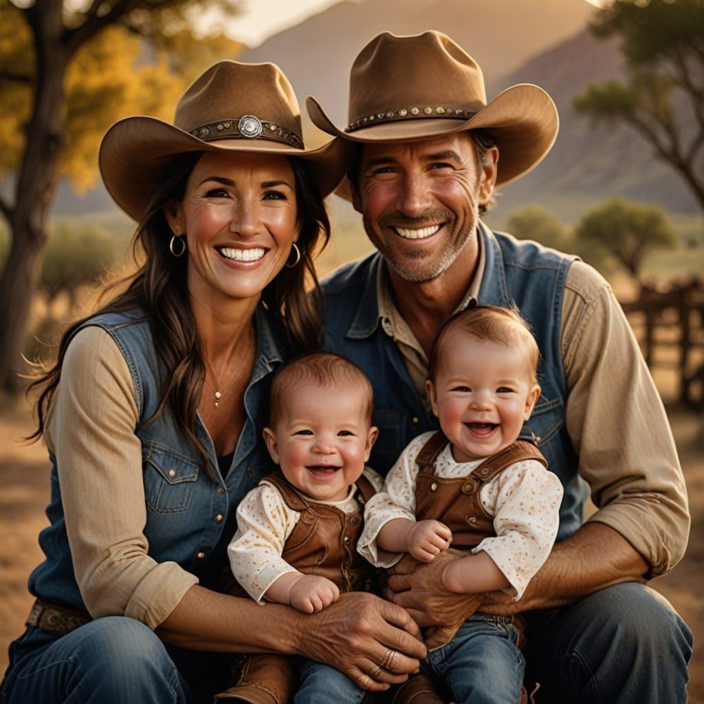 Happy Texas Cowboy Family Portrait in Classic Country Style