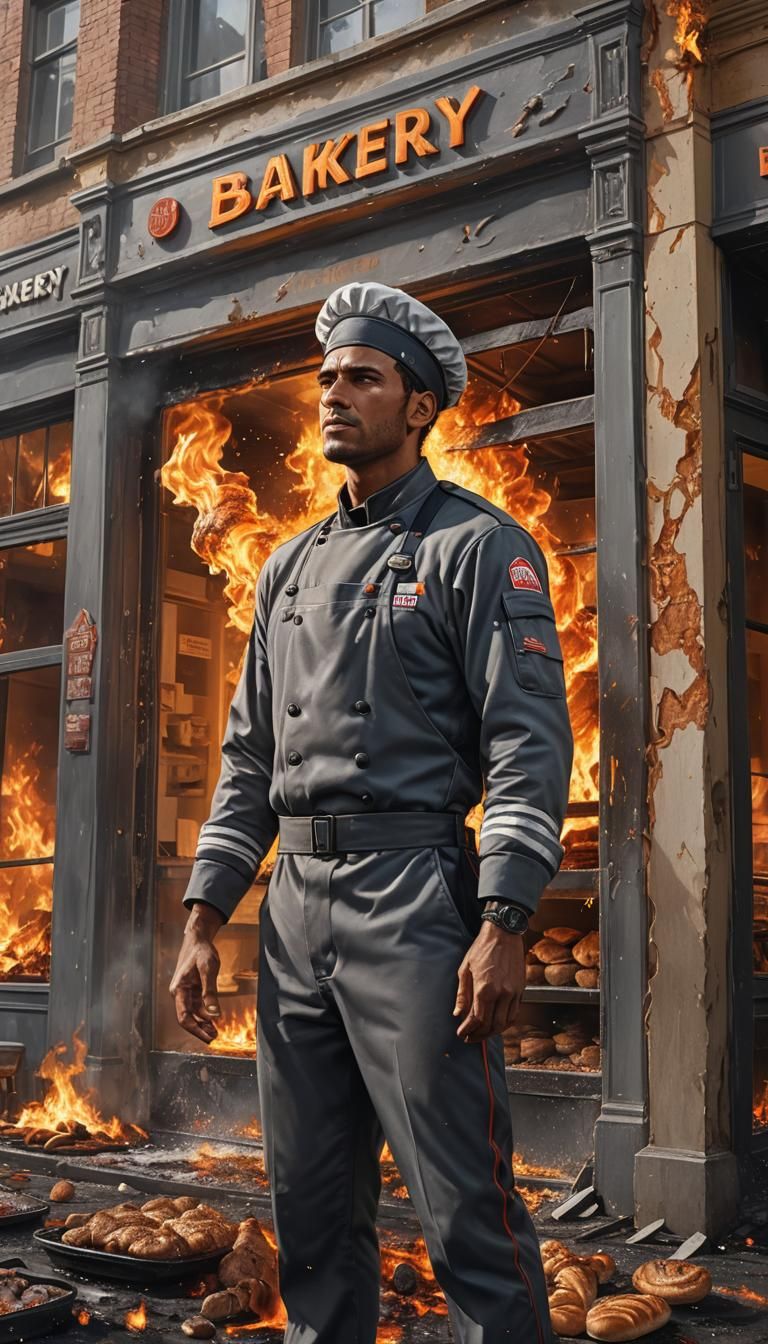 Burning Bakery: Hyperrealistic Splash Art of Baker