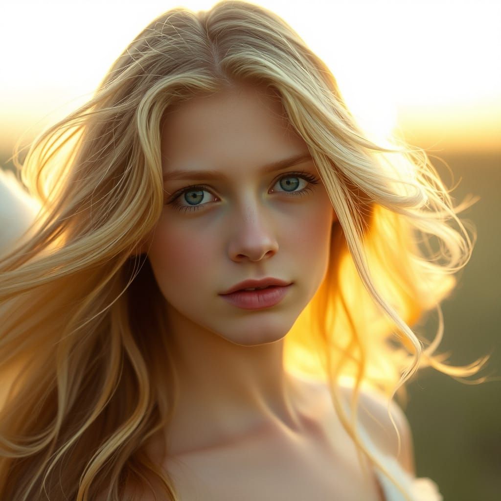 Angelic Blonde Woman in Golden Hour Light
