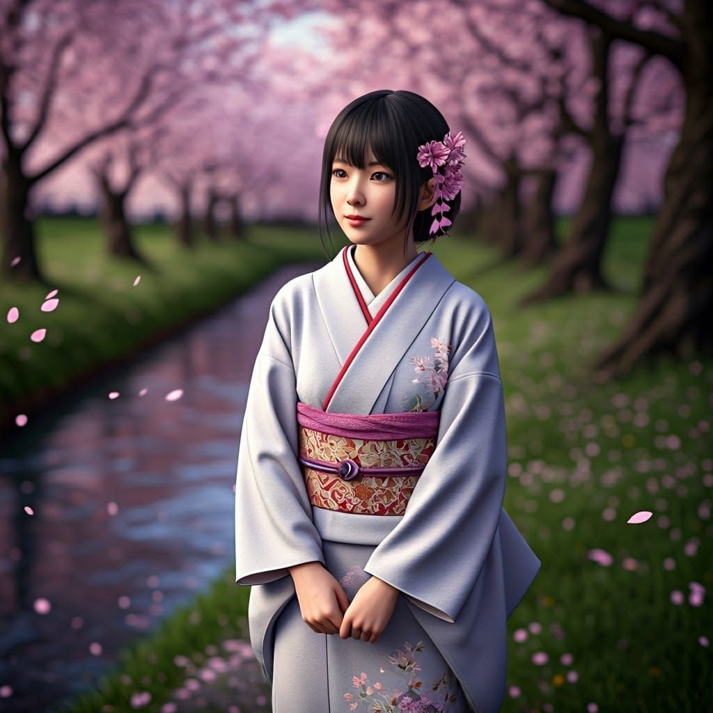 Japanese Woman by River in Syd Mead Style