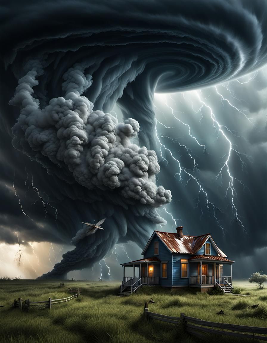 House Flying in Tornado and Hurricane Storm