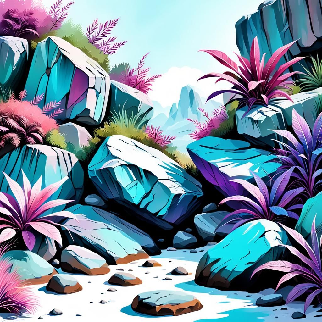 Rocks and Plants Display in Clean Oil Painted Style