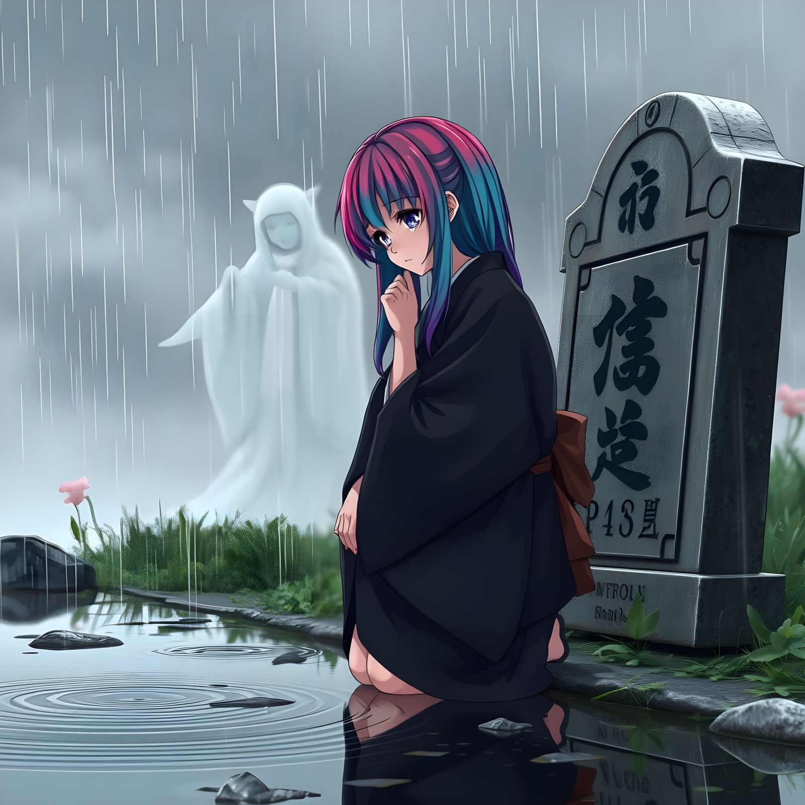 Rainbow Haired Woman Grieving, Anime Style
